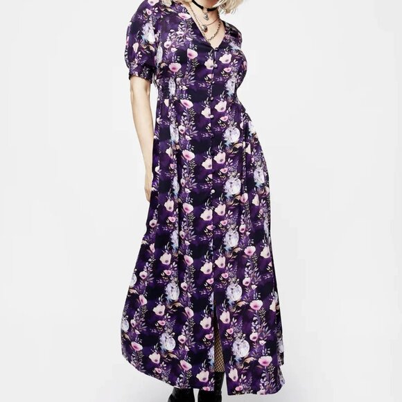 Disturbia Socordia Floral Moon Ruched Waist Purple Gothic Maxi Dress Size 16 - Picture 1 of 10